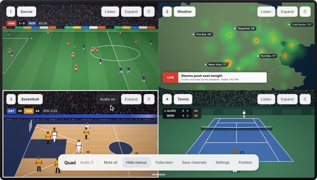 The bottom-left player is selected with an Audio on label while the other three players show Listen buttons.